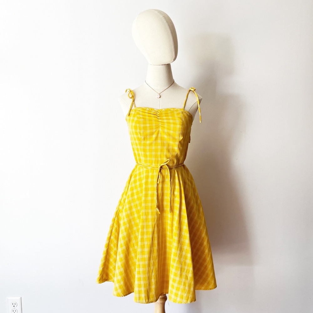 Yellow Plaid Tie Shoulder Fit and Flare Dress Ruched Bust Sunshine Fall Retro